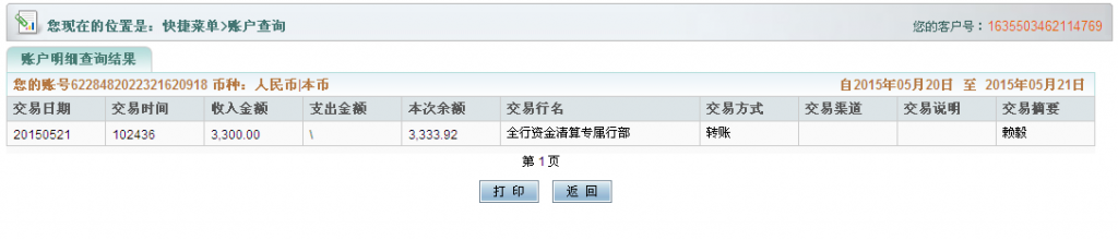 5月22日寧波客戶匯款3300元至農行卡